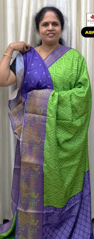 Light Green Crushed Semi Tussar Saree With Purple Border | ASF939