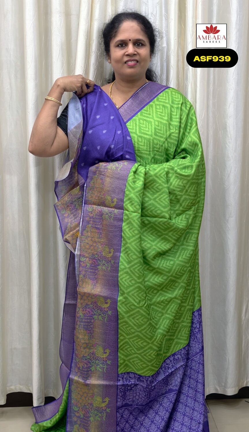 Light Green Crushed Semi Tussar Saree With Purple Border | ASF939