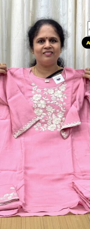 Light Pink Mul Chanderi Embroidery Cotton Kurti Set | ASF921