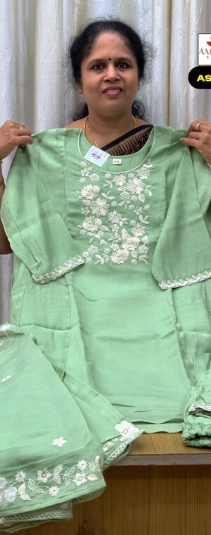 Light Green Mul Chanderi Embroidery Cotton Kurti Set | ASF920