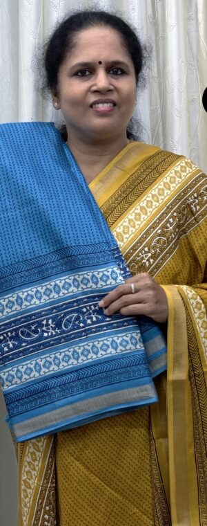 Ink Blue Cotton Saree with Matching Printed Blouse | ASG63