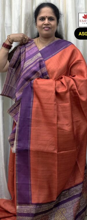 Orange Semi Tussar Saree with Mango Weave Pallu | ASG110