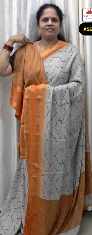 Grey With Orange Border Semi Crepe Saree | ASG90