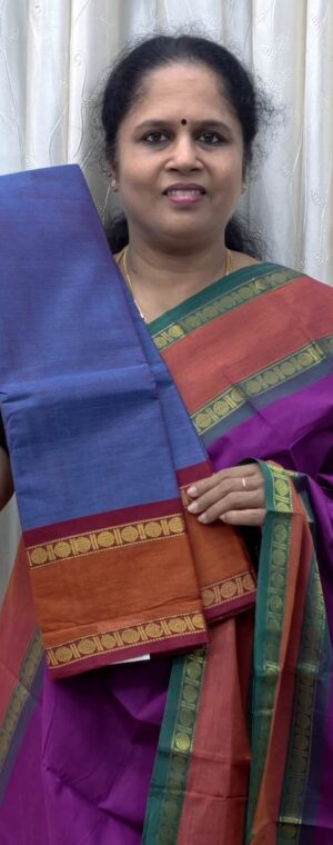 Blue Chettinad Cotton Saree with Classic Lines Pallu | ASG120