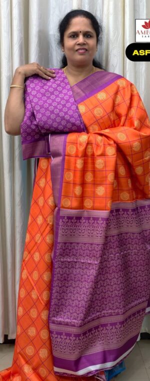 Orange With Purple Printed Semi Tussar Saree | ASF985