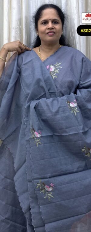Grey Kota Tussar Saree with Scallop Border & Embroidery | ASG282