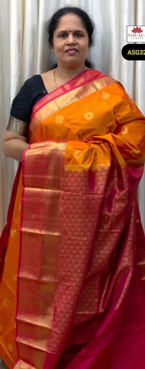 Yellow Semi Kanchi Silk Saree with Contrast Pink Pallu | ASG328