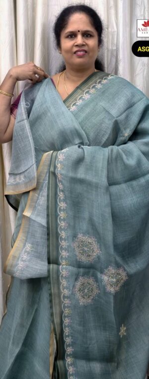 Light Blue Tissue Linen Saree with Floral Embroidery | ASG179