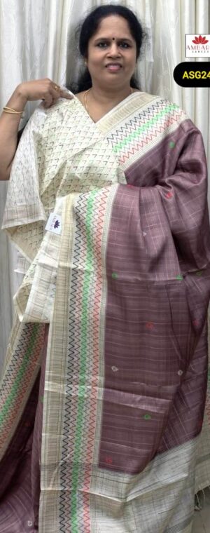 Brown Butta Semi Tussar Saree With White Border | ASG241