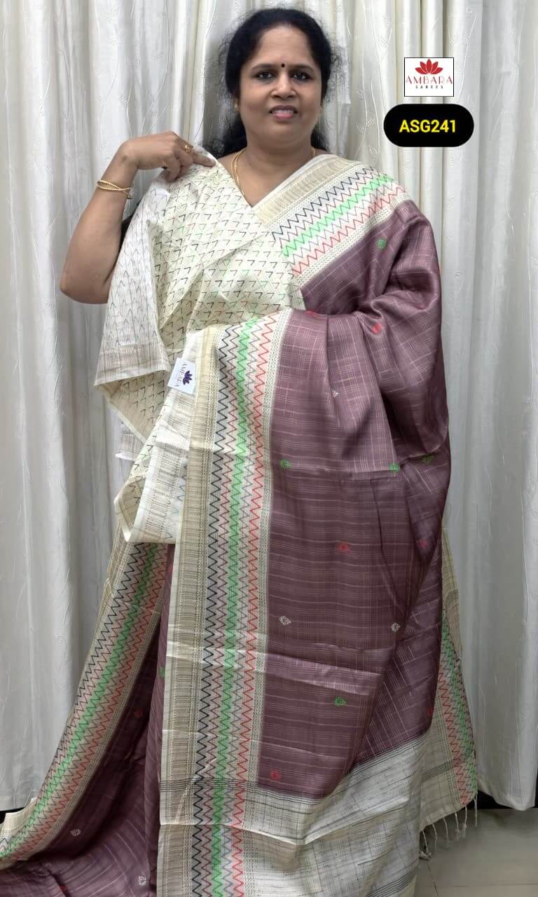 Brown Butta Semi Tussar Saree With White Border | ASG241