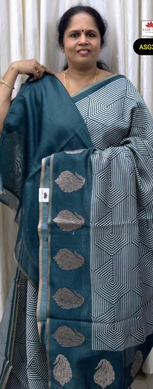 Teal Blue Color Geometrical Designed Tussar By Cotton With Mango Border | ASG359