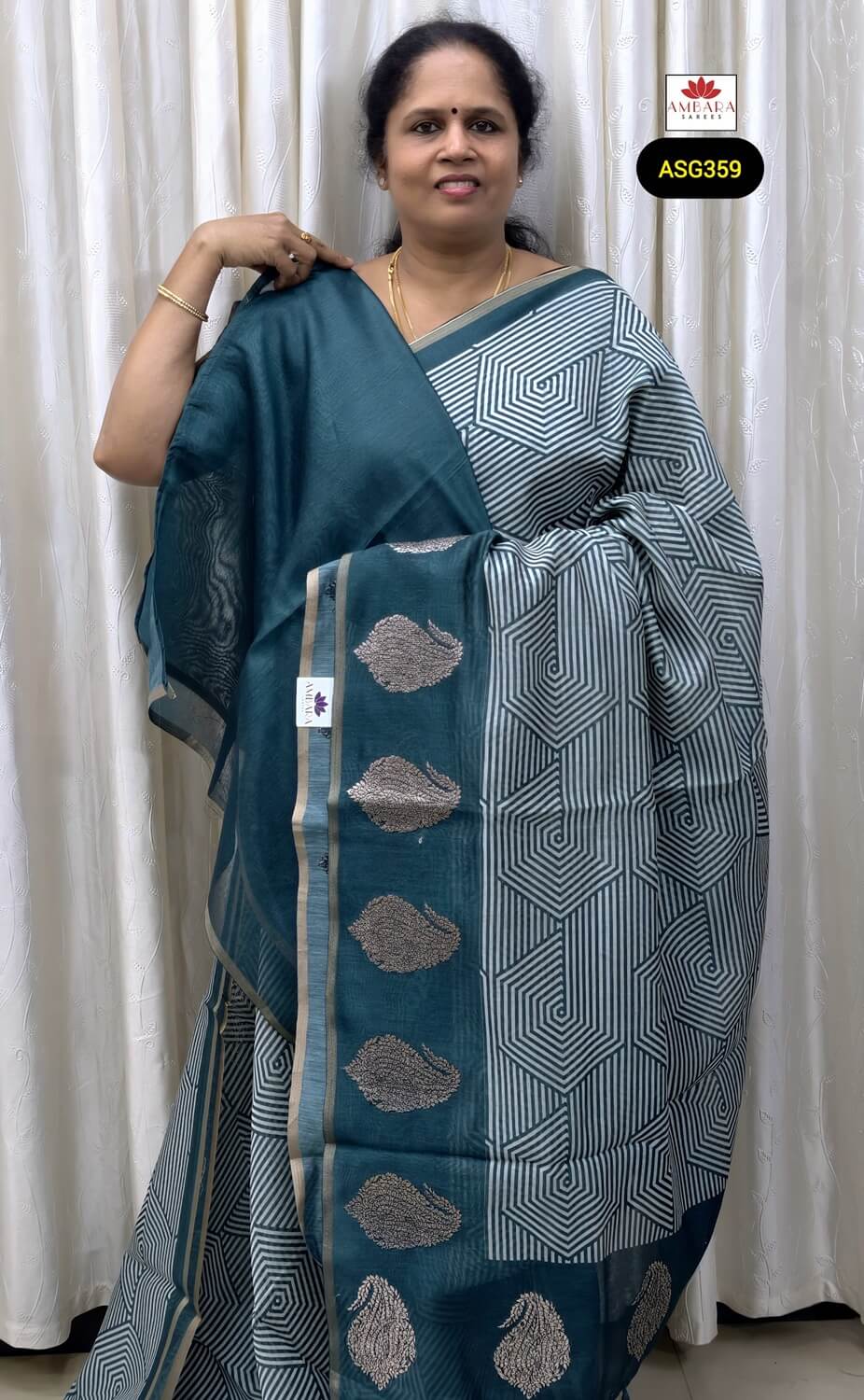 Teal Blue Color Geometrical Designed Tussar By Cotton With Mango Border | ASG359