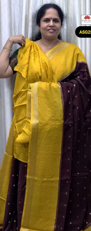 Brown Viscose Silk Saree Yellow Contrast Border | ASG258