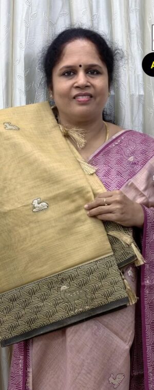 Light Sandal Munga Cotton Saree with Fine Deer Thread Work | ASG205