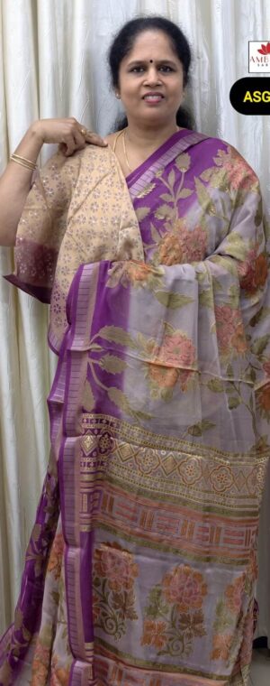 Lavender Brasso Saree with Purple Floral Prints | ASG172