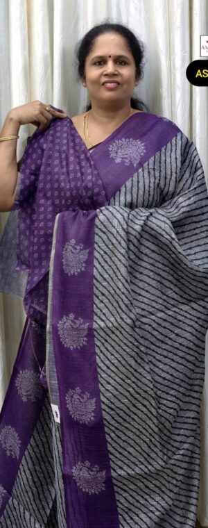 Grey & Black Striped Cotton Saree With Purple Border | ASG383