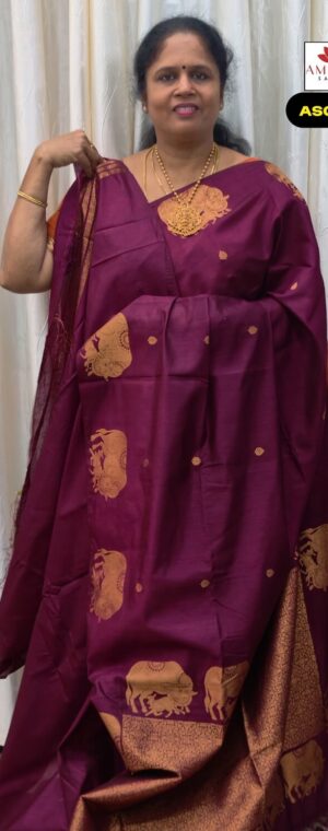 Deep Wine Color Zari Butta Weaved Cotton Silk Saree With Cow And Calf Border | ASG422