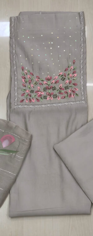 Grey Cotton Chudithar Thread Work Chiffon Floral Shawl | ASG404