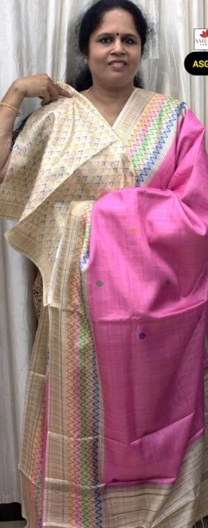 Pink Butta Semi Tussar Saree With White Border | ASG240