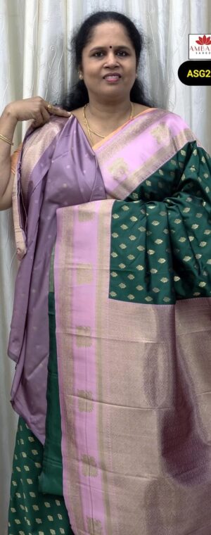 Green Semi Silk Saree Pink Contrast Pallu Zari Butta | ASG298