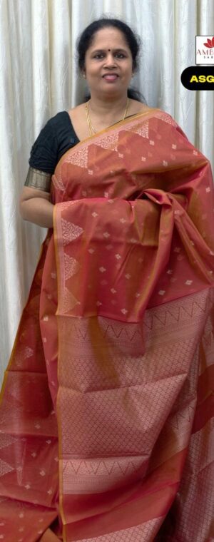 Brick Red Semi Silk Cotton Saree With Silver Pallu | ASG370