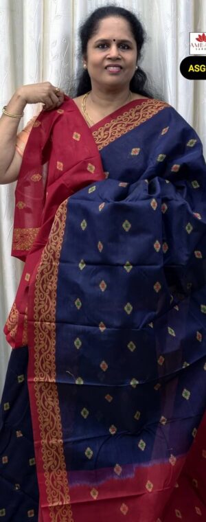 Blue With Maroon Thread Butta Weaved Handloom Cotton Saree | ASG265