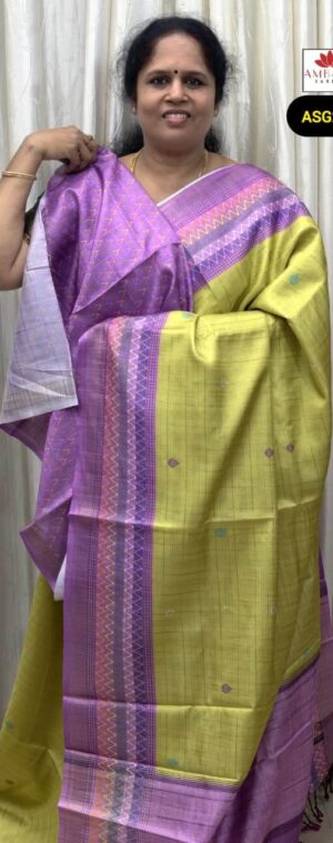 Green Butta Semi Tussar Saree With Lavender Border | ASG233
