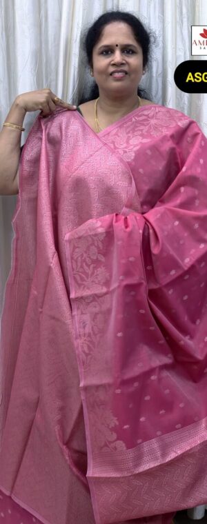 Pink Semi Silk Cotton Saree with Silver Parrot Border | ASG187