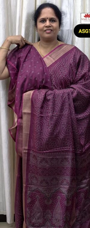 Dark Magenta Color Bamdhini Printed Semi Crepe Saree | ASG197