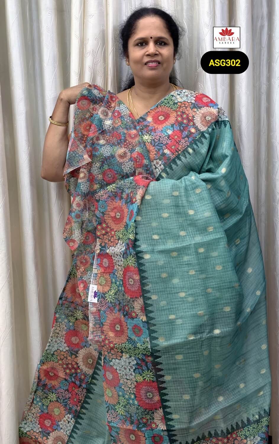 Green Kota Saree Floral Design Pallu Gold Zari Butta | ASG302