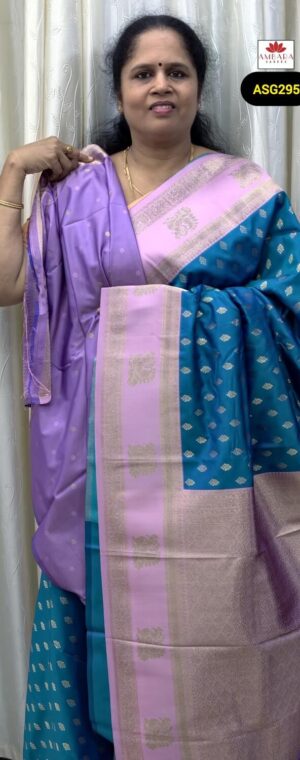 Sky Blue Pink Border Zari Butta Semi Silk Saree | ASG295