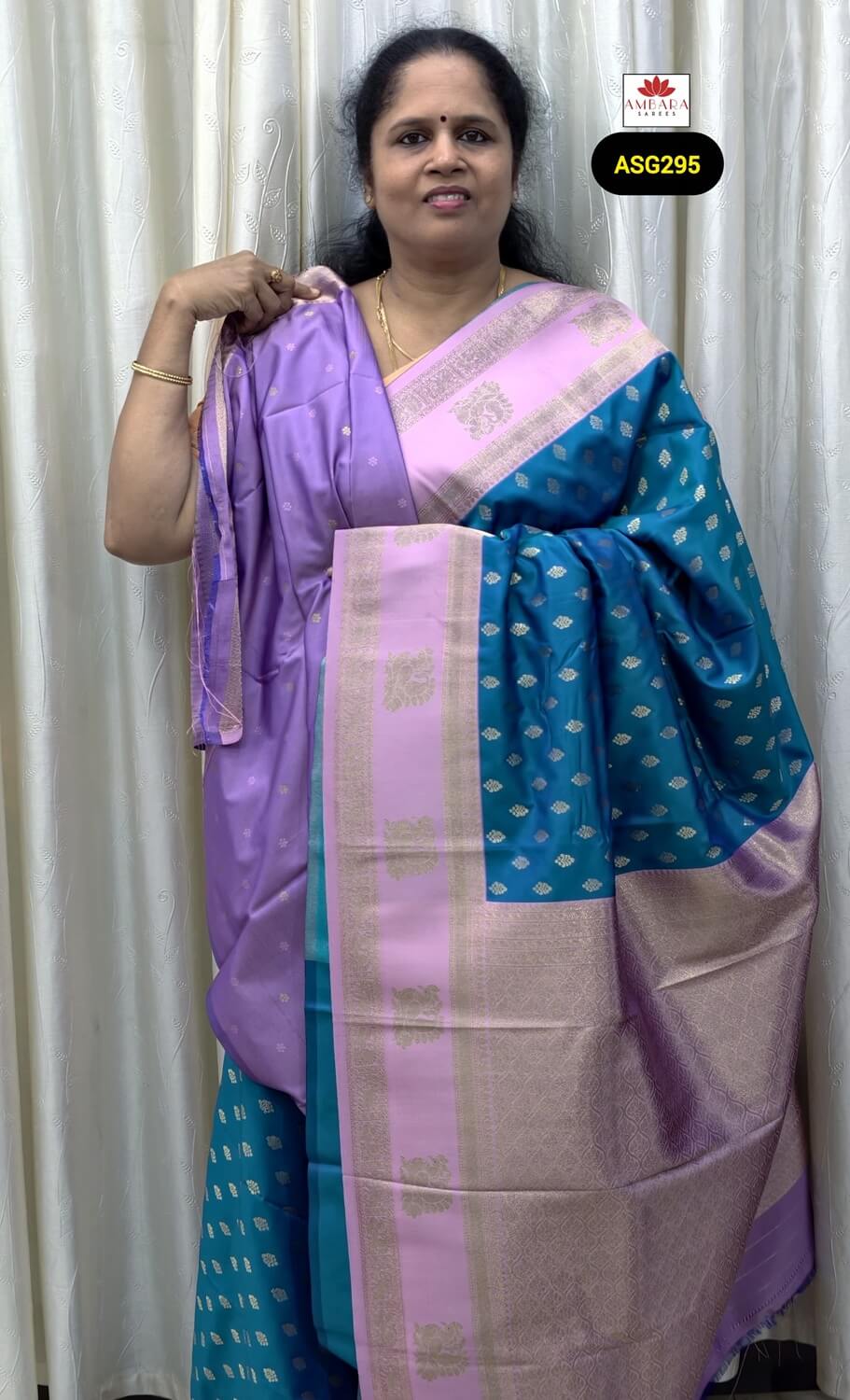 Sky Blue Pink Border Zari Butta Semi Silk Saree | ASG295