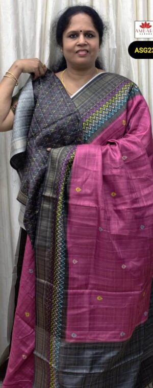 Pink Butta Semi Tussar Saree With Black Border | ASG238