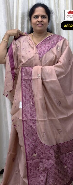 Peach Pink Color Thread Weaved Soft Munga Cotton Saree | ASG201