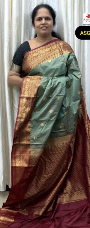 Sage Green Semi Kanchi Silk Saree with Maroon Border | ASG376