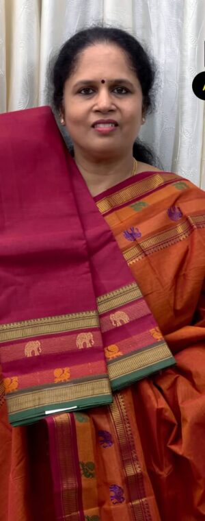 Red Pure Chettinad Cotton Saree With Striped Pallu | ASG348