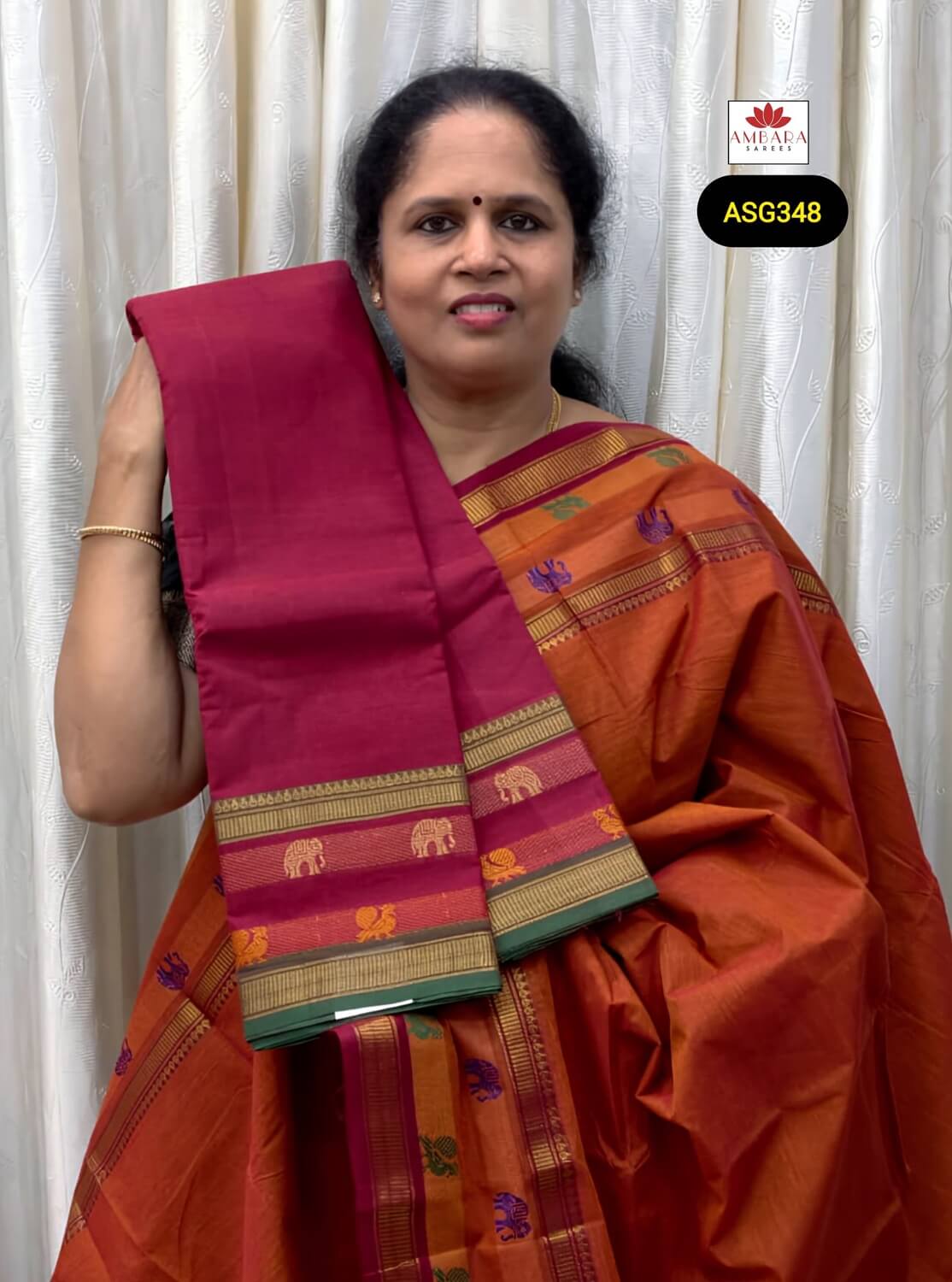 Red Pure Chettinad Cotton Saree With Striped Pallu | ASG348