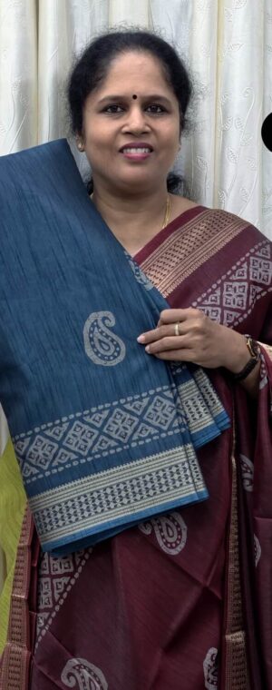 Ramar Blue Mango Printed Slub Cotton Crepe Saree | ASG159