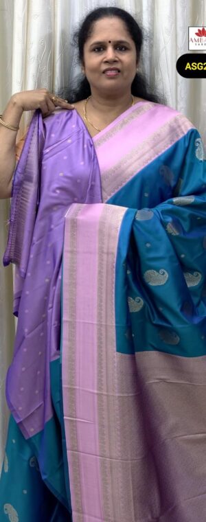 Sky Blue Zari Woven Saree with Pink Contrast Blouse | ASG273