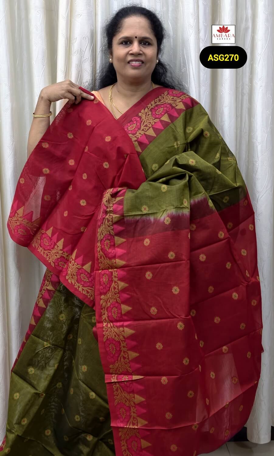 Olive Green Pure Handloom Silk Cotton Saree with Contrast Pallu | ASG270
