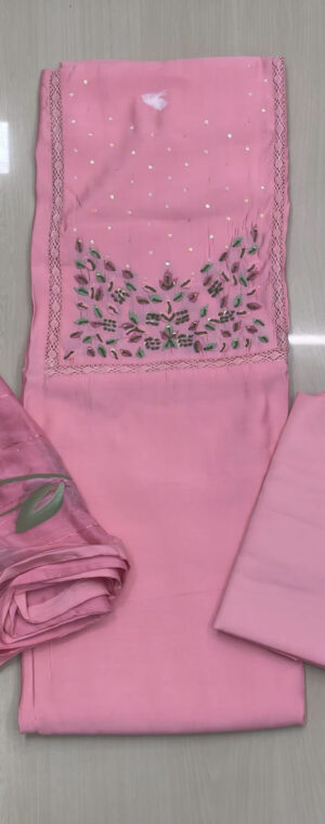 Pink Cotton Suit Material Delicate Thread Work Floral Shawl | ASG403