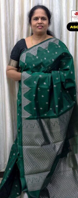 Green Semi Silk Cotton Saree With Silver Butta Weaving | ASG371