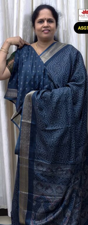 Navy Blue Color Bandhini Printed Semi Crepe Saree | ASG198