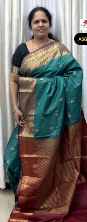 Teal Blue Stripped Pattern Semi Kanchi Silk Saree With Maroon Border | ASG377