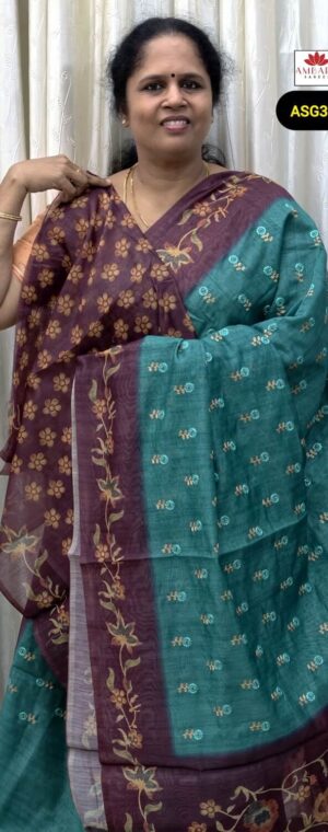 Sky Blue With Maroon Border Embroidery Worked Munga Cotton Saree | ASG313