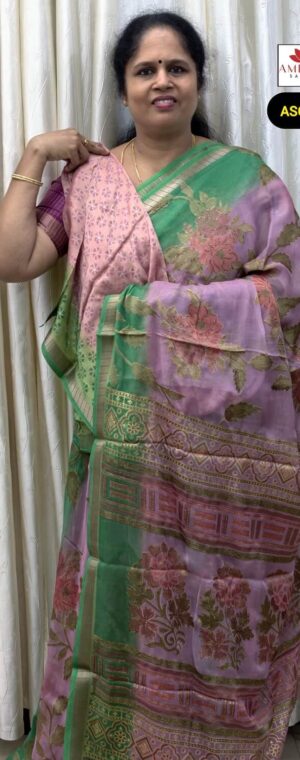 Lavender Brasso Saree with Green Floral Prints | ASG174