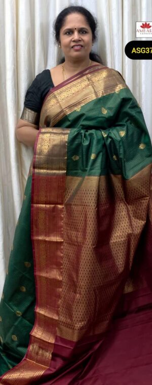 Green Stripped Pattern Semi Kanchi Silk Saree With Maroon Border | ASG373