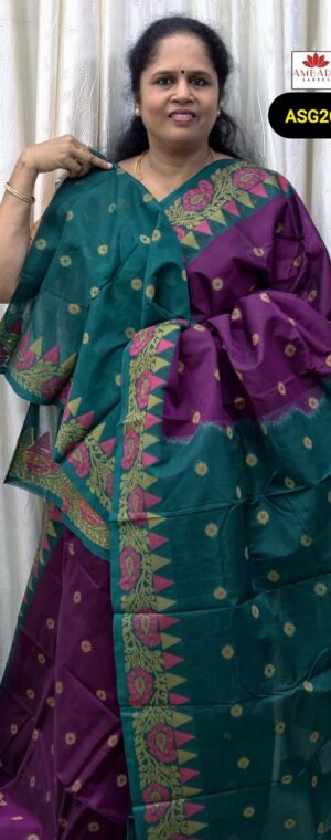 Purple With Green Thread Butta Weaved Handloom Cotton Saree | ASG269