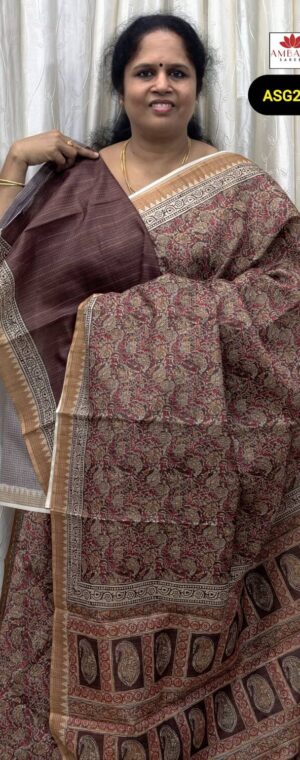 Brown Kalamkari Print Synthetic Blend Saree | ASG232
