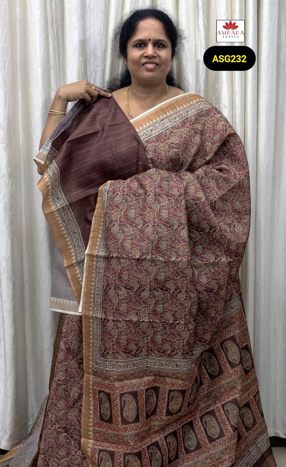 Brown Kalamkari Print Synthetic Blend Saree | ASG232